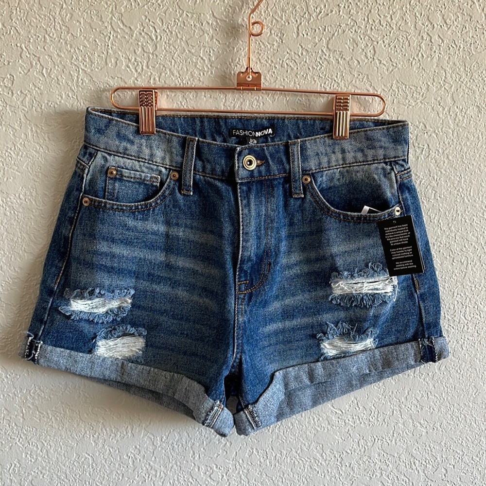 Fashion Nova Distressed Dark Blue Jean Shorts